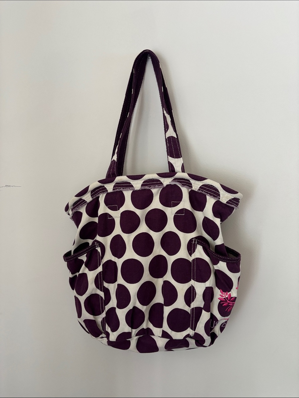 Thirty One Polka Dot Canvas Tote Bag - Purple & Cream